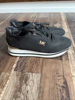 Michael Kors Black Knit Platform Sneakers with Gold MK Logo